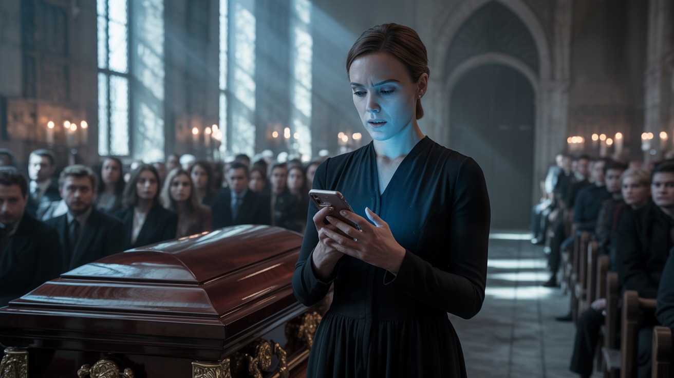 At My Husband’s Funeral, His Phone Rang with “Look Behind You” – I Turned, and My Blood Ran Cold